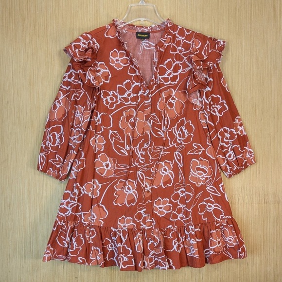 Sugarlips Dresses & Skirts - Sugarlips Rust Orange Floral Ruffle Mini Dress Cotton Large Boho Cottage Peasant
